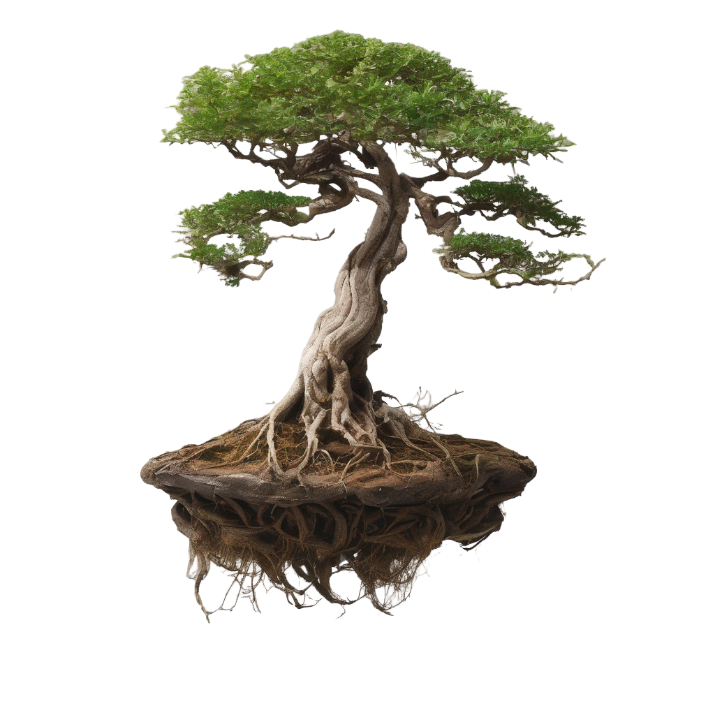 Input image: a bonsai tree on a floating rock