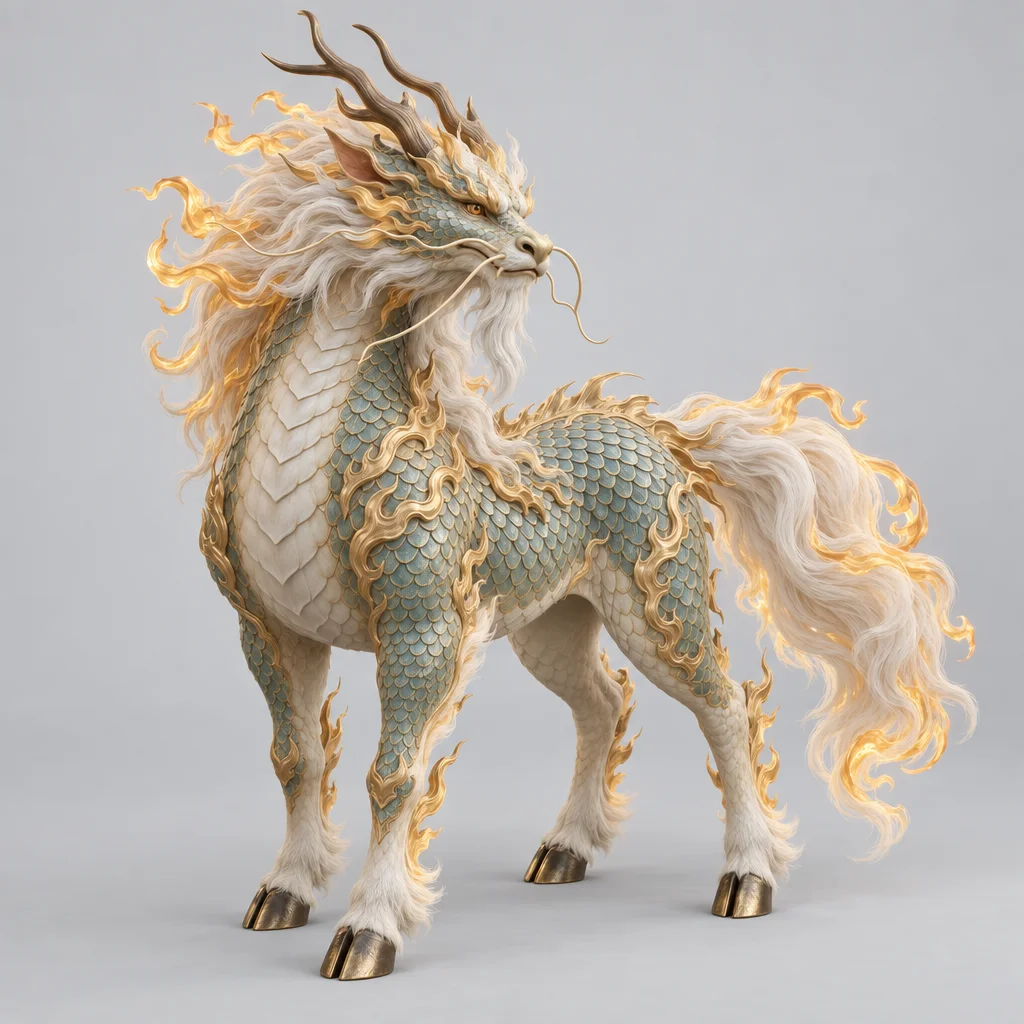 Input image: a white and gold mythical creature
